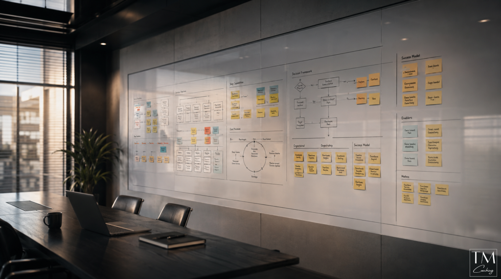 Whiteboard with a detailed plan displayed across it.