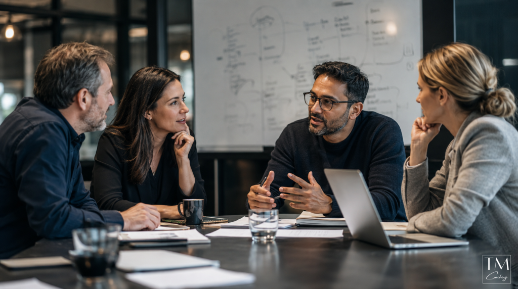 meeting room with people discussing strategy around a table with a whiteboard in the background
